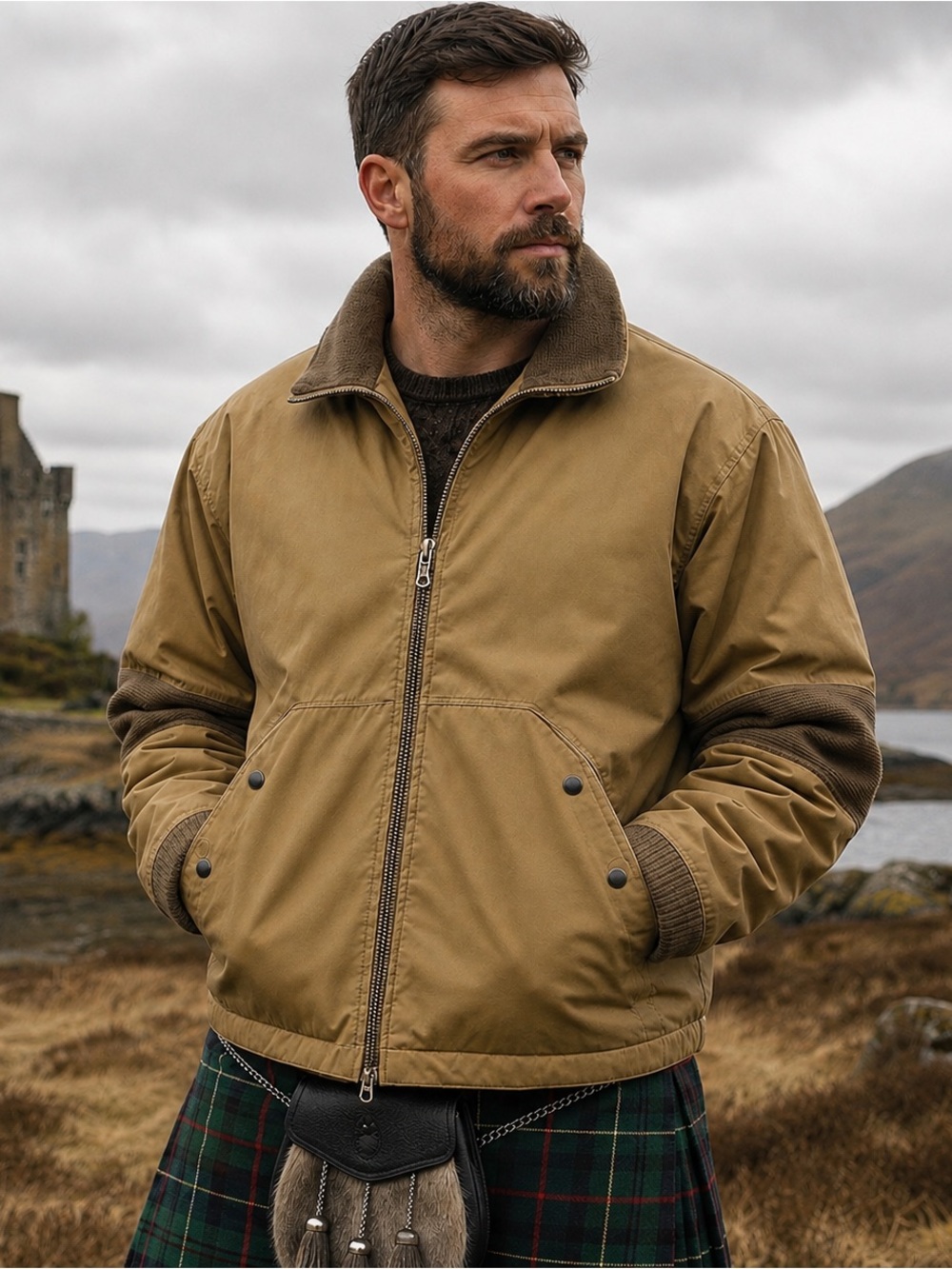 Flying Scotsman Bomber Full Zip Tan Funnel Neck Car Coat Jacket Size XL